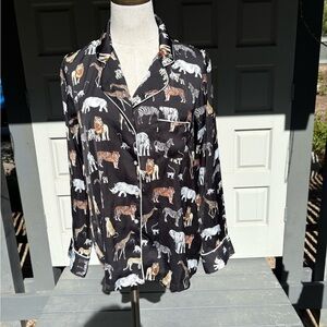 Banana Republic Animal Safari Black Print Satin Pajama Button-Up Top